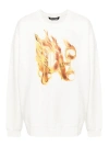 Palm Angels White Crewneck Sweatshirt With Burning Logo Print In Cotton Man In White