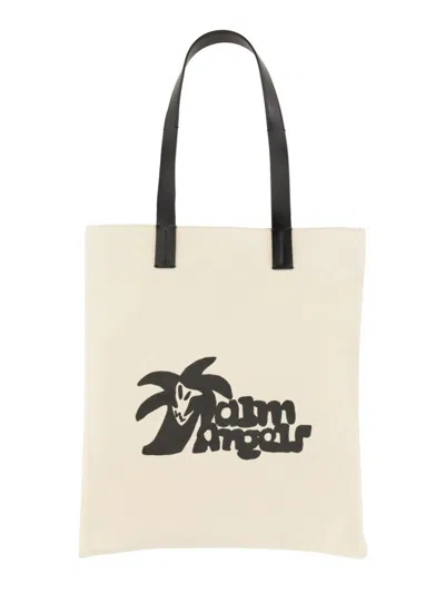 Palm Angels White Logo Print Tote In Neutral