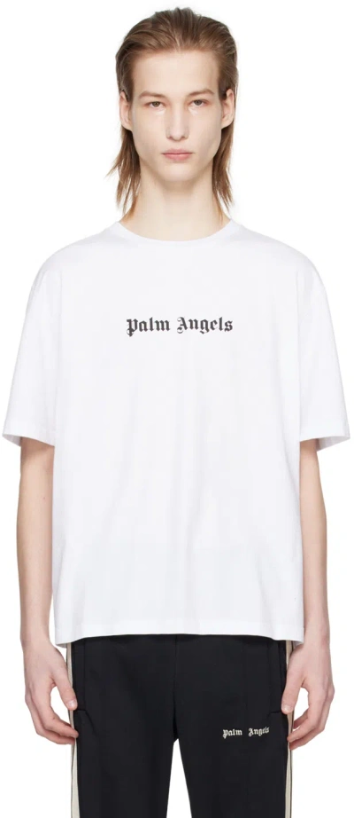Palm Angels White Printed T-shirt In White Black