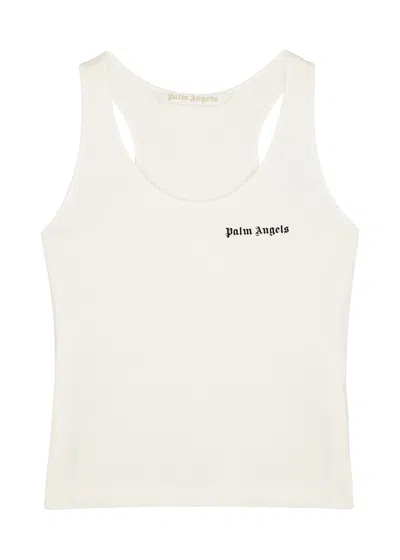 Palm Angels White Striped Cotton Tank In White And Black