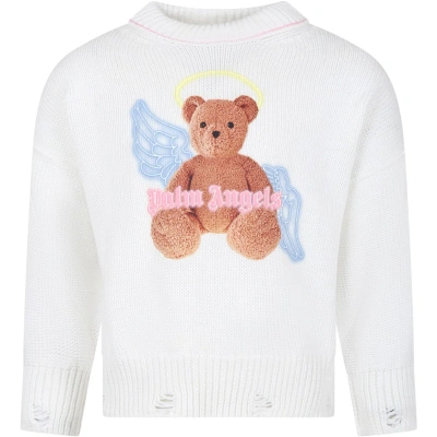 Palm Angels Kids' White Sweater For Girl With Iconic Teddy Bear