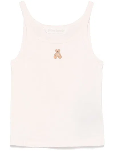PALM ANGELS WHITE T-SHIRT IN COTTON WITH TEDDY SLEEVELESS