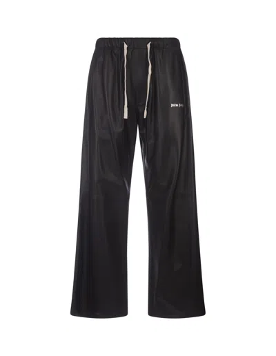 Palm Angels Wide Black Leather Trousers With Logo