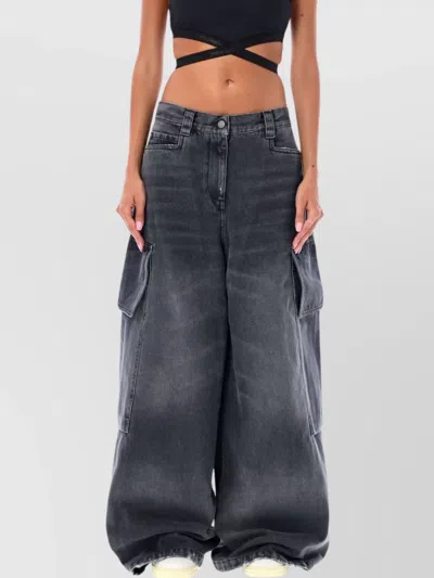 PALM ANGELS WIDE DENIM CARGO TROUSERS DISTRESSED FADED
