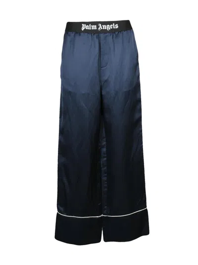 Palm Angels Wide-leg Satin Trousers With Contrasting Piping In Blue