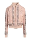 Palm Angels Pink\/white Linen Blend Print Bomber Jacket In Pink