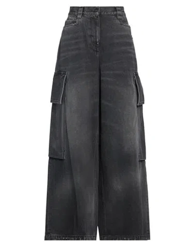 PALM ANGELS PALM ANGELS WOMAN JEANS CHARCOAL SIZE 26 COTTON, LEATHER
