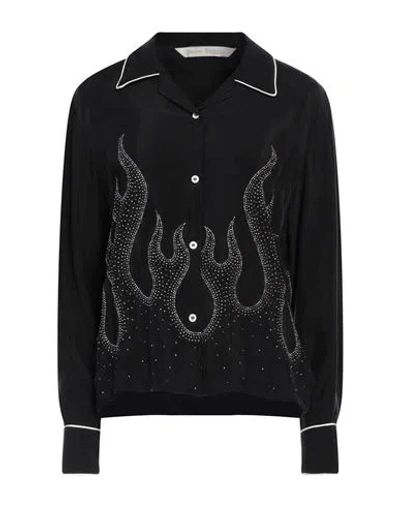 Palm Angels Flame-embroidered Shirt Crystal Embellishments In Black