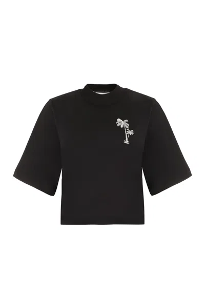 PALM ANGELS WOMEN'S BLACK EMBROIDERED COTTON T-SHIRT FOR SS24