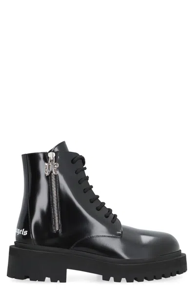 PALM ANGELS WOMEN'S BLACK LEATHER COMBAT BOOTS FOR FW23