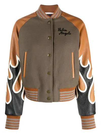 PALM ANGELS WOMEN'S BURNING FLAMES LEATHER VARSITY JACKET | SIZE MEDIUM | PWEH010F22FAB0015610 COLOR MULTIPLECOL