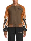 Palm Angels Burning Flames Leather Varsity Jacket In Military Brown
