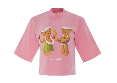 Pre-owned Palm Angels Women's Dancing Bear Cropped T-shirt In Fuchsia/fluo Brown