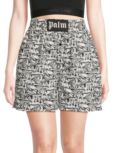 Palm Angels Women's Flat Front Print Shorts In White Black