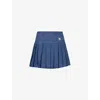 PALM ANGELS PALM ANGELS WOMEN'S INDI BLUE LOGO-EMBROIDERED PLEATED MID-RISE LINEN MINI SKIRT