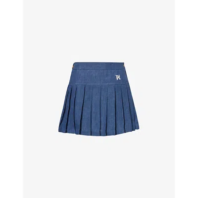 Palm Angels Womens Indi Blue Logo-embroidered Pleated Mid-rise Linen Mini Skirt