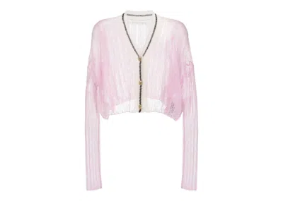 Pre-owned Palm Angels Women's Mohair Wool Blend Contrasting Trim Cardigan In Pink/cloud White
