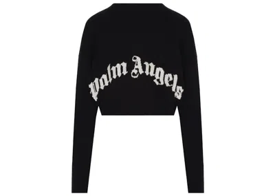 Pre-owned Palm Angels Women's  Curved Logo Intarsia Wool Cropped Sweater In Black/white