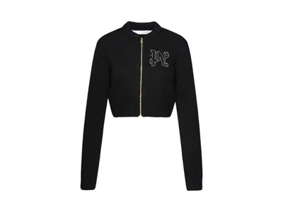 Pre-owned Palm Angels Women's  Monogram Stud Zip Sweater In Black