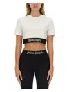 Palm Angels White Cropped T-shirt With Jacquard Logo In Cotton Woman In White