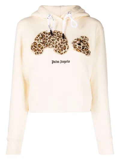 Pre-owned Palm Angels Womens Leopard Bear Hoodie In Off White/brown