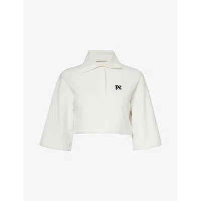 Palm Angels Logo-embroidered Cropped Cotton-piqué Polo Shirt In White Black