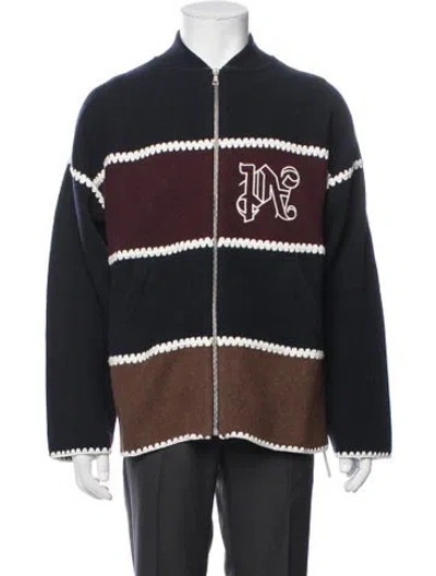 Pre-owned Palm Angels Wool Colorblock Pattern Bomber Jacket W/ Tags In Blue