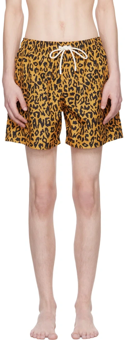 Palm Angels Yellow Cheetah Swim Shorts In Gold