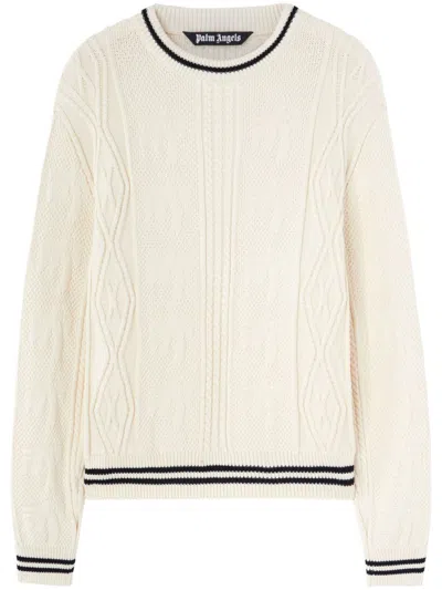 Palm Angels Curved-logo Cable-knit Sweater In 0310 Off White - Black