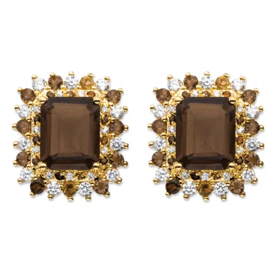 Palm Beach Jewelry 10.31 Tcw Emerald-cut Genuine Smoky Topaz And Cz Gold-plated Halo Earrings In Brown