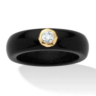 Palm Beach Jewelry 10k Yellow Gold Band Ring Round Genuine White Topaz And Genuine Black Jade