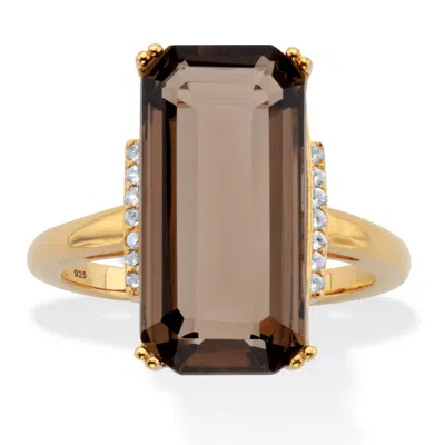 Palm Beach Jewelry 11.64 Cttw. Emerald Cut Smoky And White Quartz 18k Gold-plated Silver Ring In Brown
