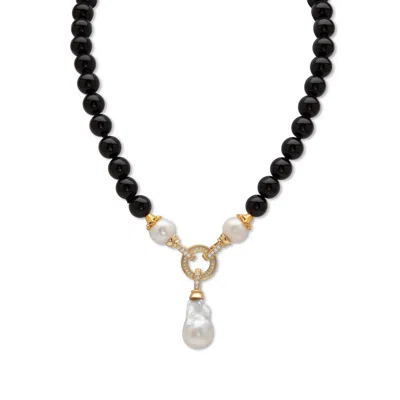 Palm Beach Jewelry 1.72 Cttw. Black Agate & Keshi Pearl Drop Beaded Necklace Gold-plated 20" Length In White