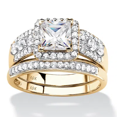 Palm Beach Jewelry 1.84 Cttw. Solid 10k Yellow Gold Cubic Zirconia 2-piece Halo Wedding Ring Set In White