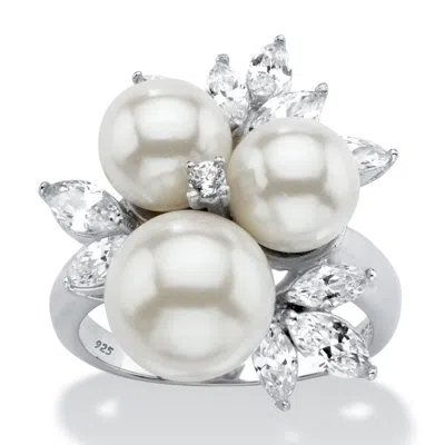 Palm Beach Jewelry 1.84 Tcw Simulated Pearl And Cz Platinum-plated Sterling Silver Cocktail Ring In White