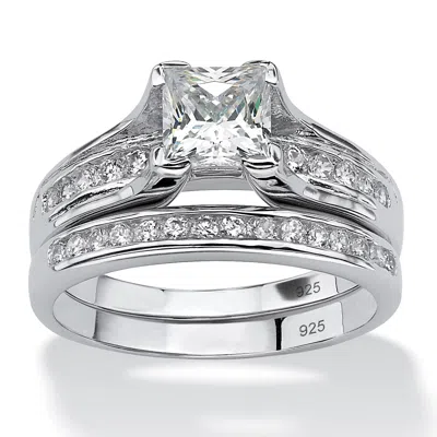 Palm Beach Jewelry 1.88 Tcw Princess-cut Cz Platinum-plated Sterling Silver 2-piece Bridal Ring Set In White