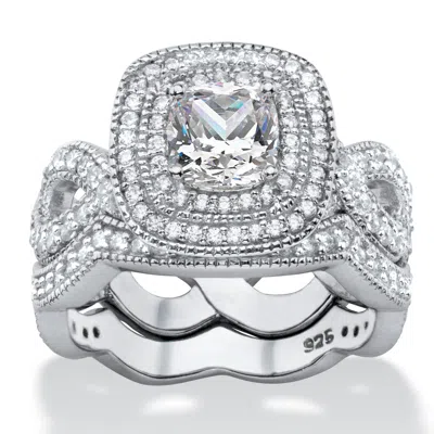 Palm Beach Jewelry 1.92 Cttw. Cubic Zirconia Platinum Plated Silver 2 Piece Halo Bridal Ring Set In White
