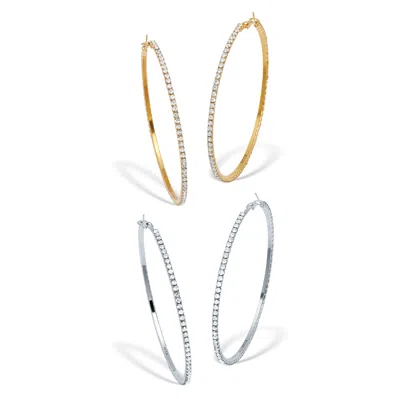 Palm Beach Jewelry 2 Pair Crystal Hoop Goldtone And Silvertone Earrings, 3 Inches