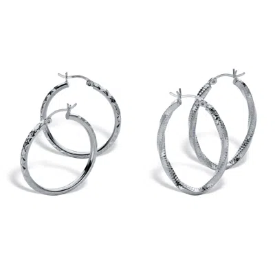 Palm Beach Jewelry 2 Pair Sterling Silver Etched & Twisted Earring Set 1 3/16" Diameter