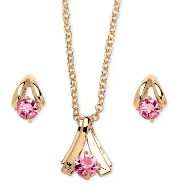 Palm Beach Jewelry 2 Piece Round Birthstone Necklace And Earrings Set In Yellow Goldtone In Pink