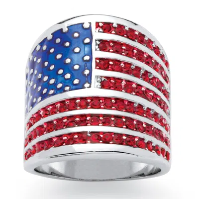 Palm Beach Jewelry 2.08 Cttw. Simulated Red Ruby Silvertone Patriotic American Flag Wide Band Ring