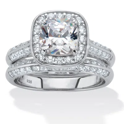 Palm Beach Jewelry 2.08 Tcw Cubic Zirconia Platinum-plated Silver 2-piece Halo Bridal Ring Set In White