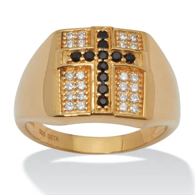 Palm Beach Jewelry .22 Tcw Men's Round Black Spinel And Cz Gold-plated Sterling Silver Cross Ring