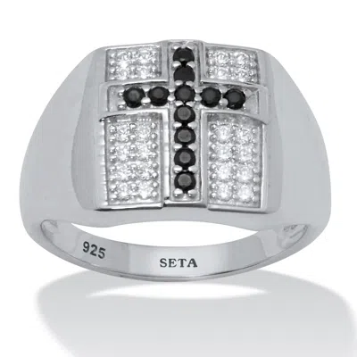 Palm Beach Jewelry .22 Tcw Men's Round Black Spinel And Cz Sterling Silver Cross Ring