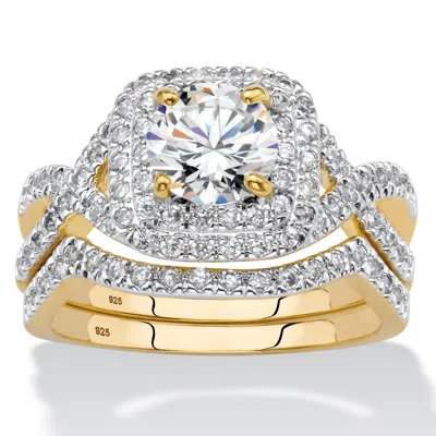 Palm Beach Jewelry 2.20 Cttw. Cubic Zirconia 14k Gold-plated Sterling Silver Halo Wedding Ring Set In White