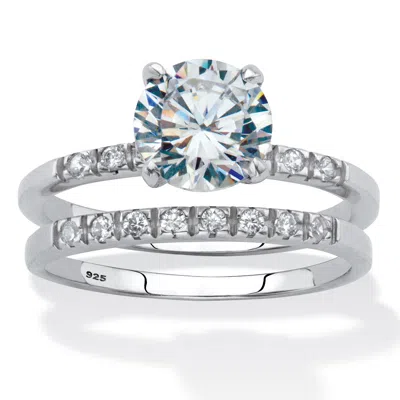 Palm Beach Jewelry 2.21 Cttw. Round Cubic Zirconia Platinum Over Silver 2 Piece Bridal Ring Set