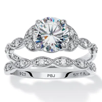 Palm Beach Jewelry 2.21 Tcw Round Cubic Zirconia Platinum-plated Sterling Silver Bridal Ring Set In White