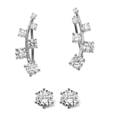 Palm Beach Jewelry 2.22 Cttw. Cubic Zirconia .925 Silver Ear Climber And Stud 2-pair Earring Set In White