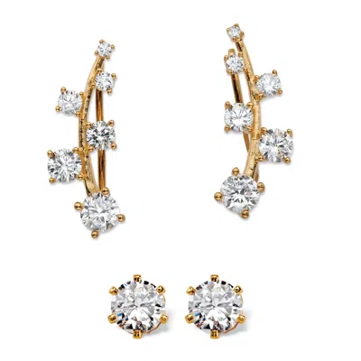 Palm Beach Jewelry 2.22 Tcw Cz 14k Gold-plated Sterling Silver Ear Climber And Stud Earrings Set In White