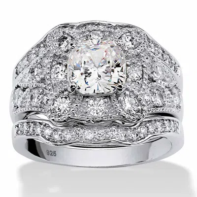 Palm Beach Jewelry 2.22 Tcw Cz 3-piece Bridal Set In Platinum-plated Sterling Silver In White